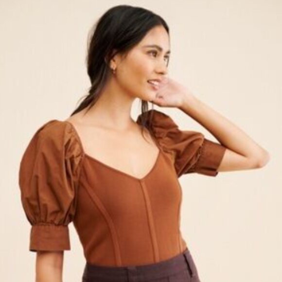 Anthropologie Tops - Anthropologie-Linen Blend-Scoop Neck-Puff Sleeve-Crop Corset-Rust-Size M-NWT